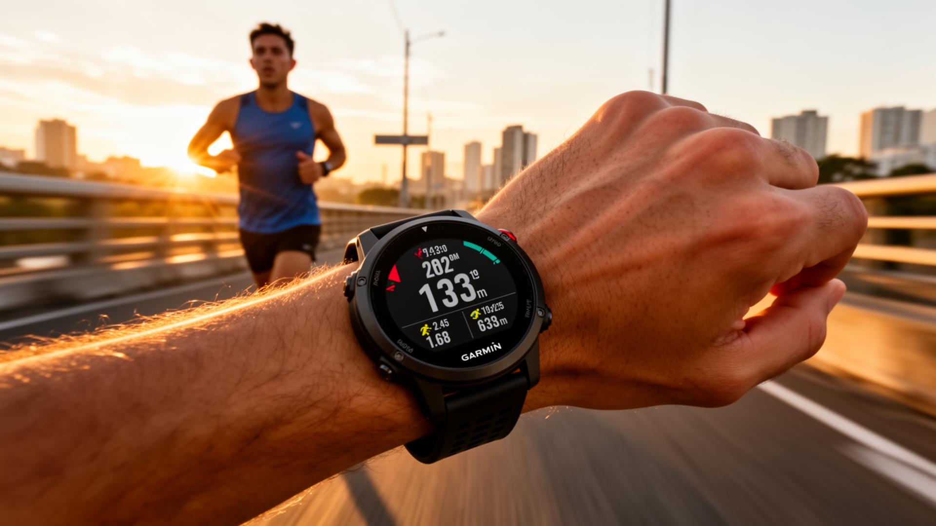 Atleta com smartwatch Garmin